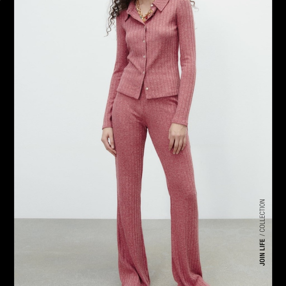 🆕 Zara 2-Piece Soft Rib Polo Shirt & Pants Set SIZE Medium